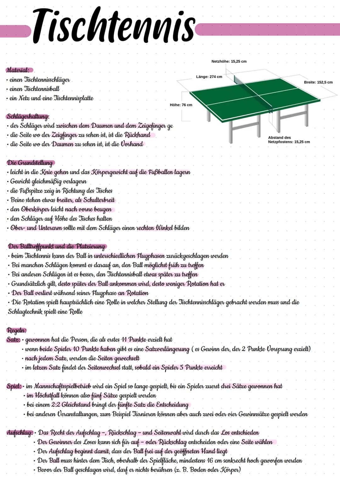 Tischtennis
Material:
• einen Tischtennisschläger
• einen Tischtennisball
ein Netz und eine Tischtennisplatte
Höhe: 76 cm
Schlägerhaltung:
•