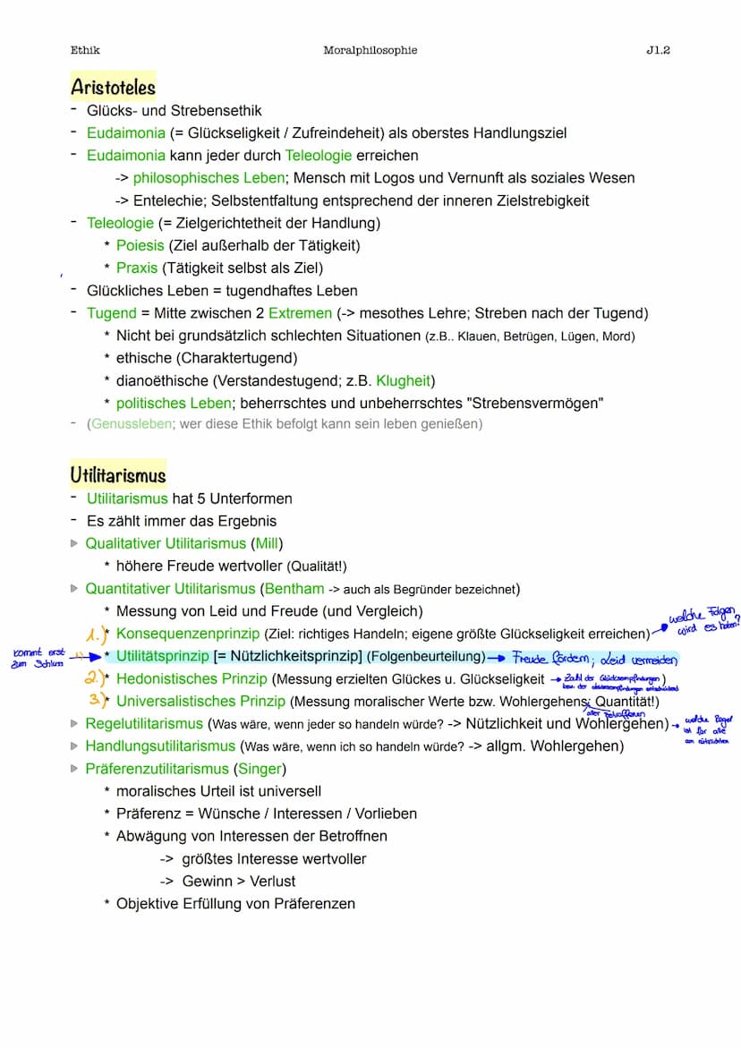 Ethik
Erklärung der Moralphilosophien
Kant
guter autonomer Wille -> einzig auf der Welt gut und muss ohne Zwang erfolgen
(-> aus der Selbstf