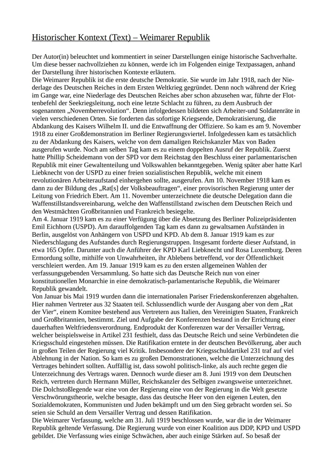 Historischer Kontext (Text) – Weimarer Republik
Der Autor(in) beleuchtet und kommentiert in seiner Darstellungen einige historische Sachverh