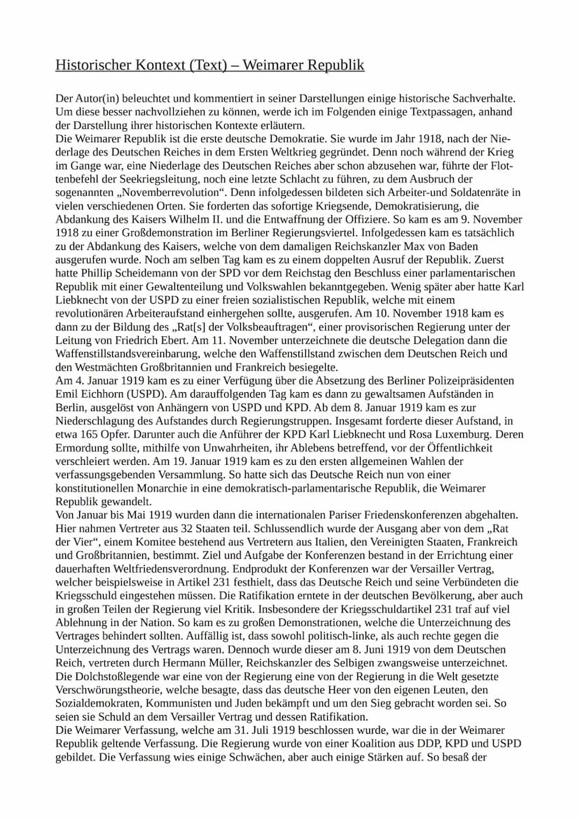 Historischer Kontext (Text) – Weimarer Republik
Der Autor(in) beleuchtet und kommentiert in seiner Darstellungen einige historische Sachverh