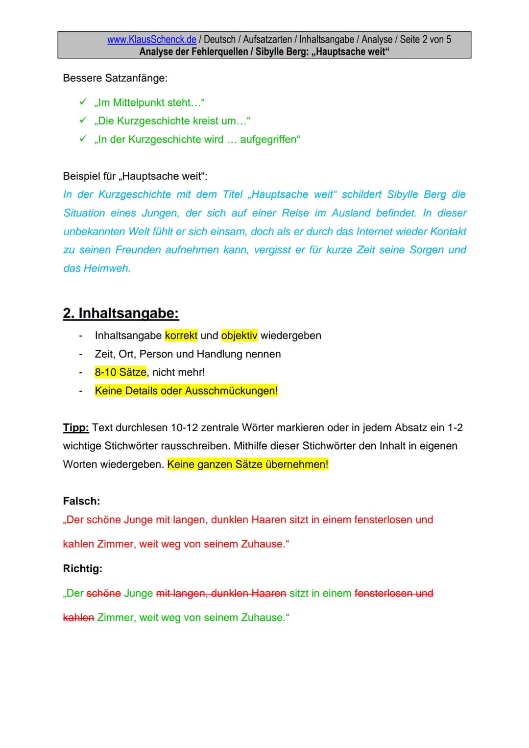 www.Klaus.Schenck.de / Deutsch / Schenck / Inhaltsangabe/WG 11 / S. 1/14
Strategische Vorschläge mit visualisierter Klassenarbeit + Protokol