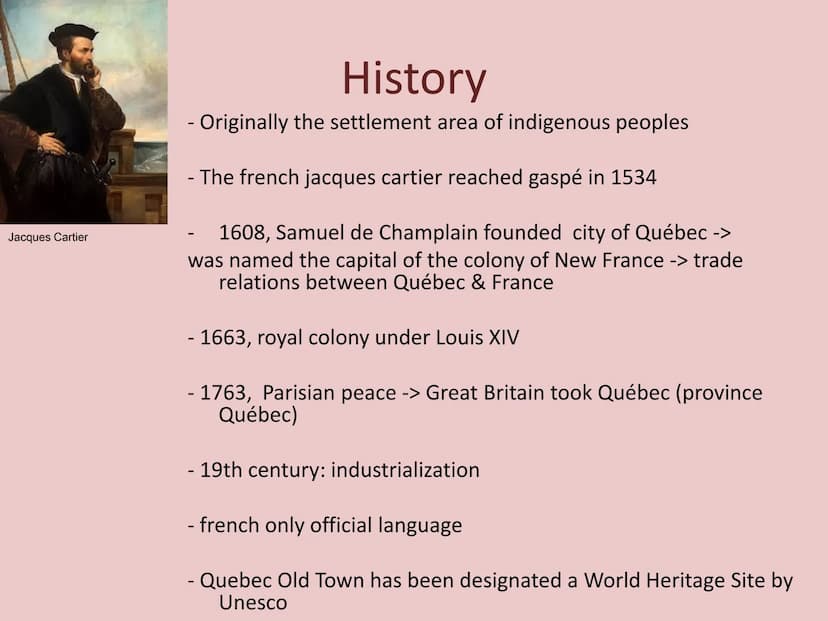 America- People and Places:
Québec
la première colonie française (the
first french colony) and its story
-Geography
- History
-Québec today

