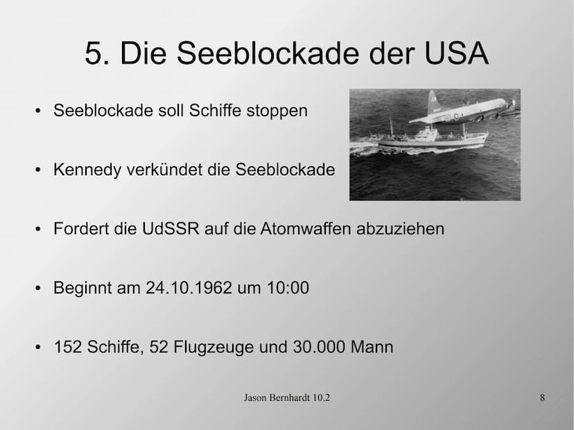 Die Kuba-Krise
Jason Bernhardt 10.2
1 1. Leitfrage
Wie nah stand die Welt während der Kuba-Krise am
atomaren Abgrund?
Jason Bernhardt 10.2
2