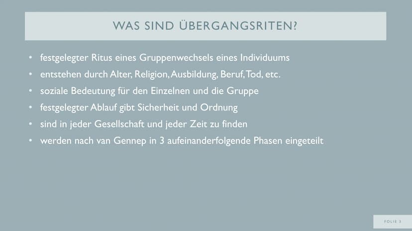 DIE
KONFIRMATION
ALS
ÜBERGANGSRITUS
VON
FOLIE I NOTIZEN FÜR ERWEITERTEN VORTRAG
WAS SIND ÜBERGANGSRITEN?
- Übergang eines Individuums von ei