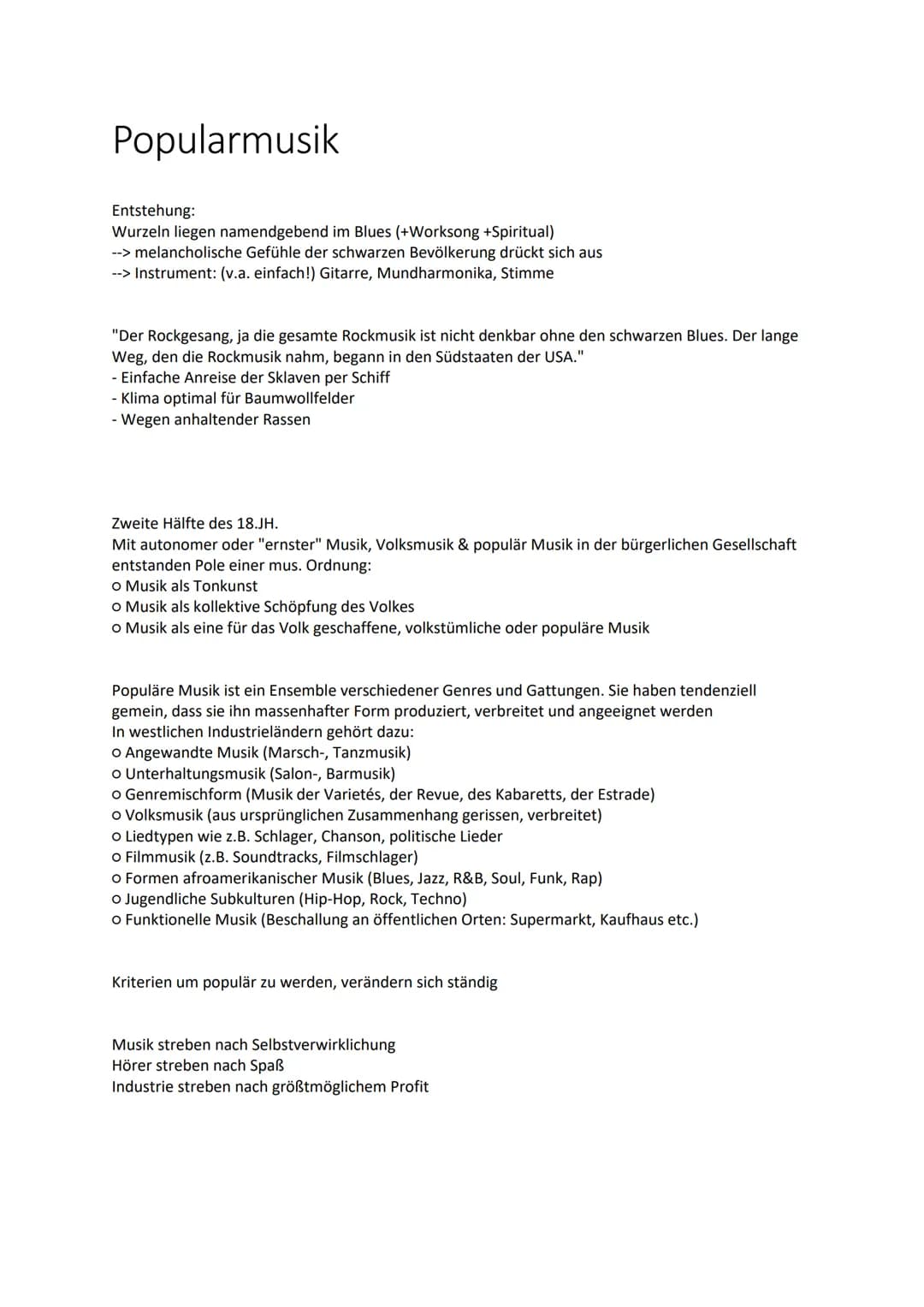 Popularmusik
Entstehung:
Wurzeln liegen namendgebend im Blues (+Worksong +Spiritual)
--> melancholische Gefühle der schwarzen Bevölkerung dr