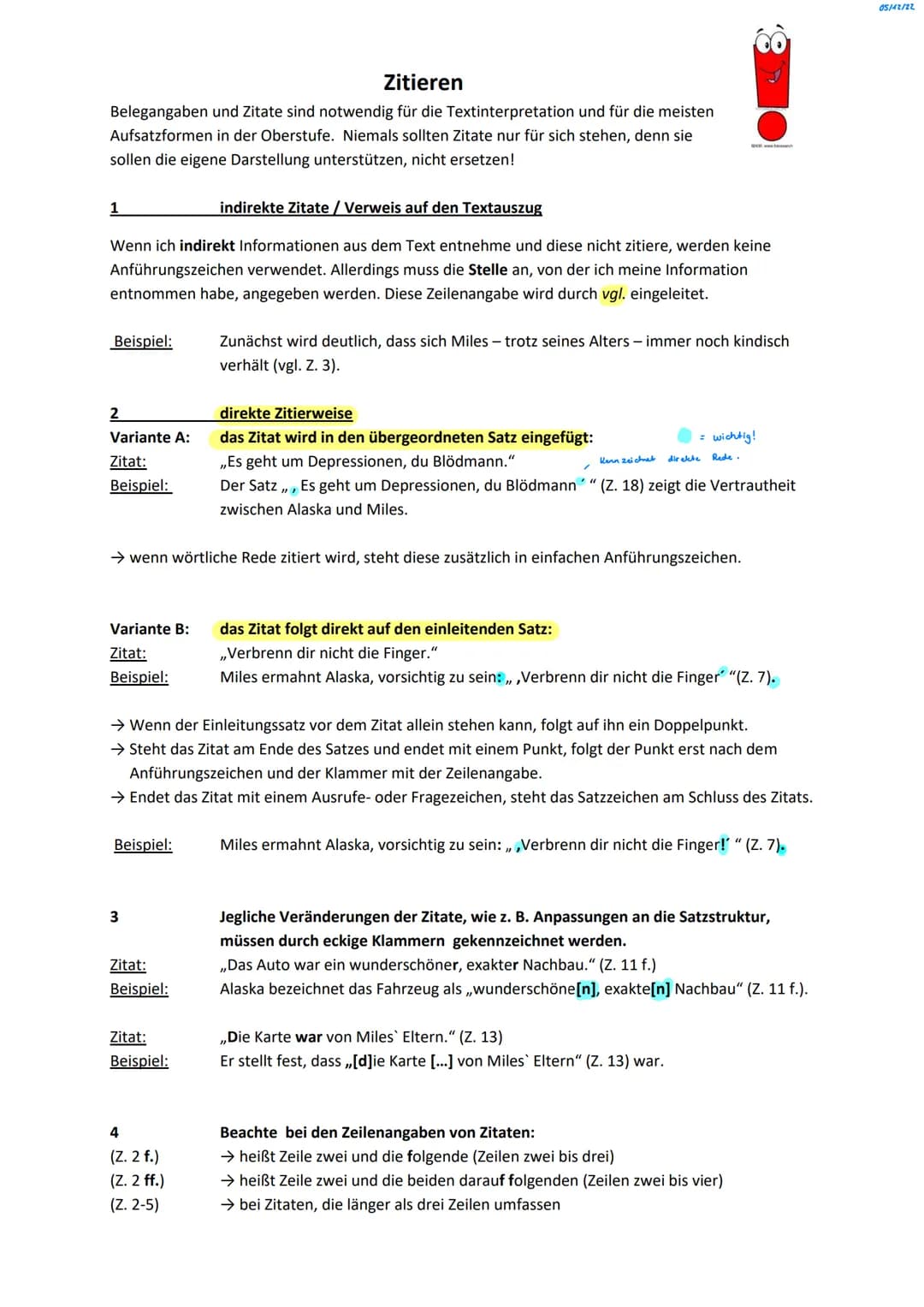 Zitieren
Belegangaben und Zitate sind notwendig für die Textinterpretation und für die meisten
Aufsatzformen in der Oberstufe. Niemals sollt