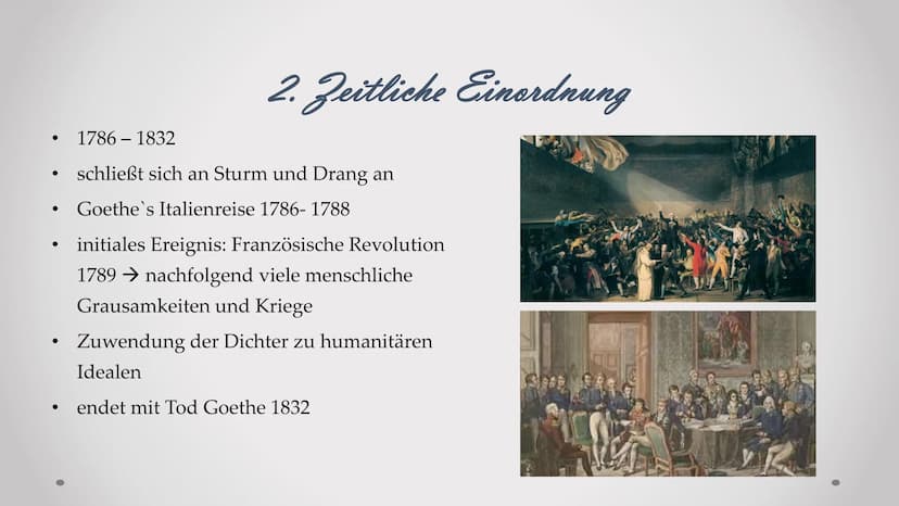 Definition
●
●
●
Merkmale
●
Literatur
●
●
Literaturepoche von 1786-1832
durch Französische Revolution (1789) geprägt → nachfolgend viele
men