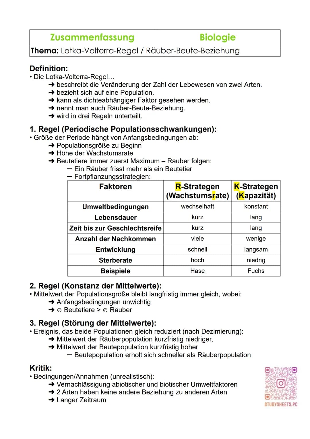 Zusammenfassung
Thema: Lotka-Volterra-Regel / Räuber-Beute-Beziehung
Definition:
• Die Lotka-Volterra-Regel...
→ beschreibt die Veränderung 