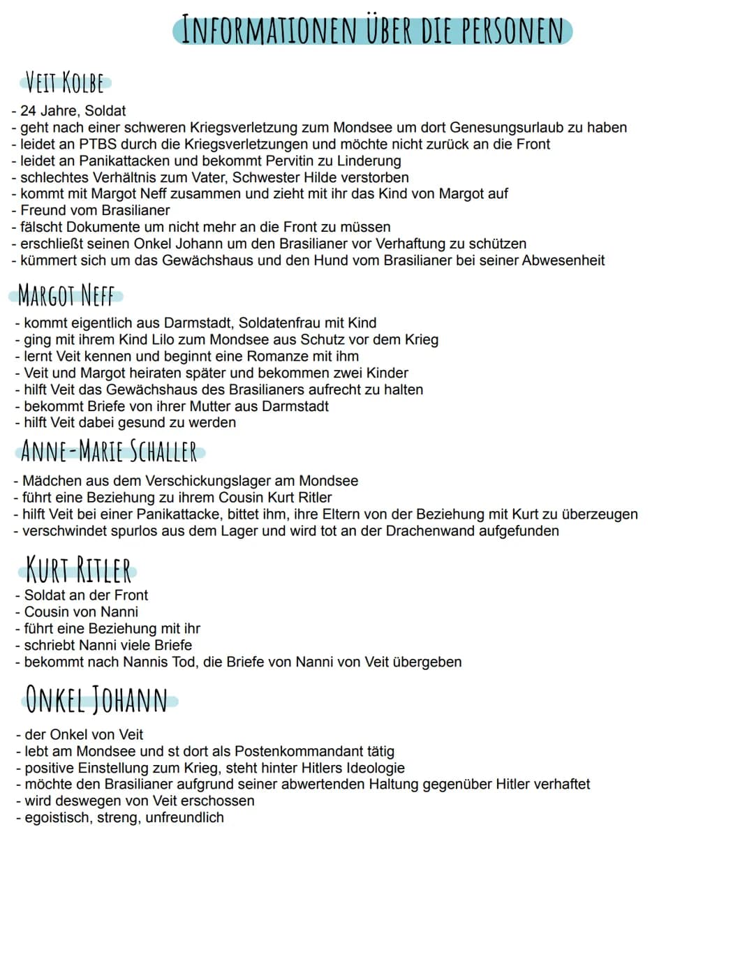 INFORMATIONEN ÜBER DIE PERSONEN
VEIT KOLBE
- 24 Jahre, Soldat
- geht nach einer schweren Kriegsverletzung zum Mondsee um dort Genesungsurlau