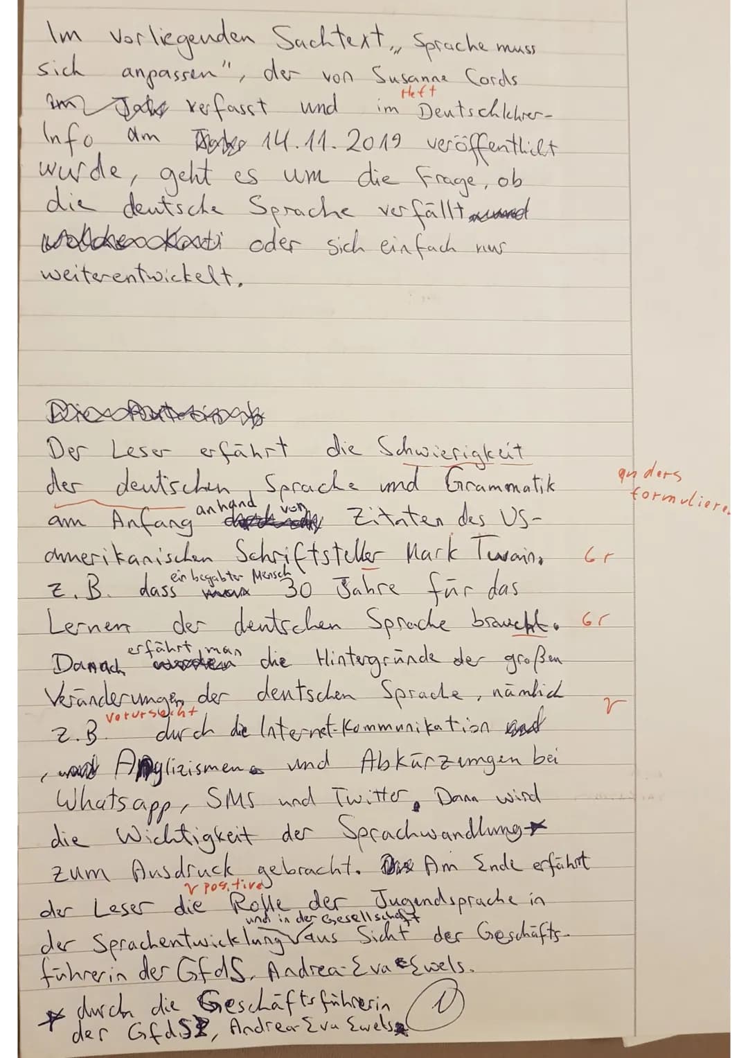 Ausdrien ..
Deutsch Q1 1. Klausur
ine
Form der
Susanne Cords
Aus: Deutschlehrer- Info 14.11.2019
Thema: Sprachwandel
Aufgabe
1) Analysiere d