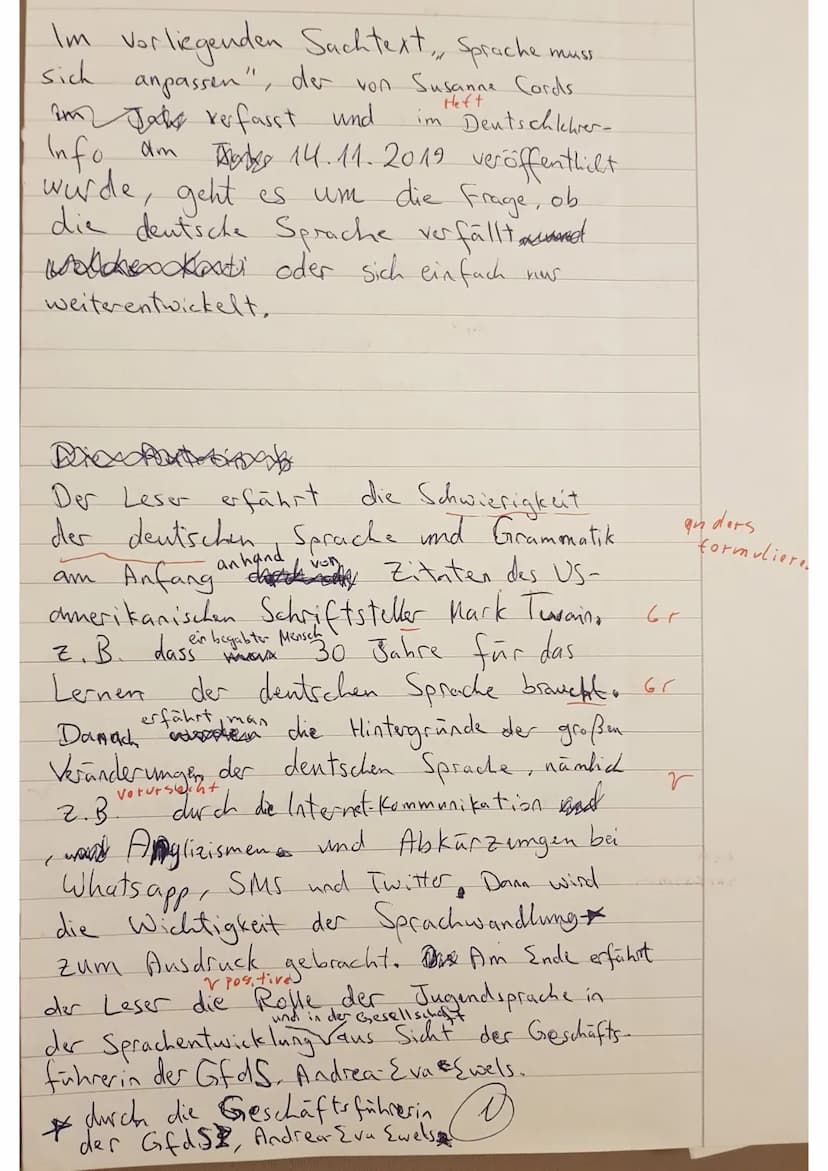 Ausdrien ..
Deutsch Q1 1. Klausur
ine
Form der
Susanne Cords
Aus: Deutschlehrer- Info 14.11.2019
Thema: Sprachwandel
Aufgabe
1) Analysiere d