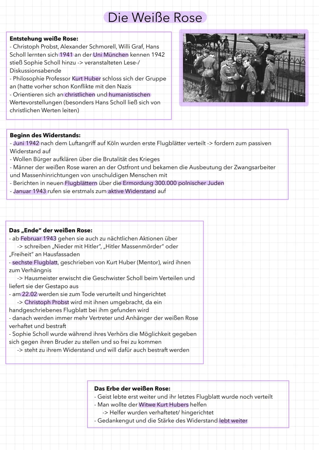 Die Weiße Rose
Entstehung weiße Rose:
- Christoph Probst, Alexander Schmorell, Willi Graf, Hans
Scholl lernten sich 1941 an der Uni München 