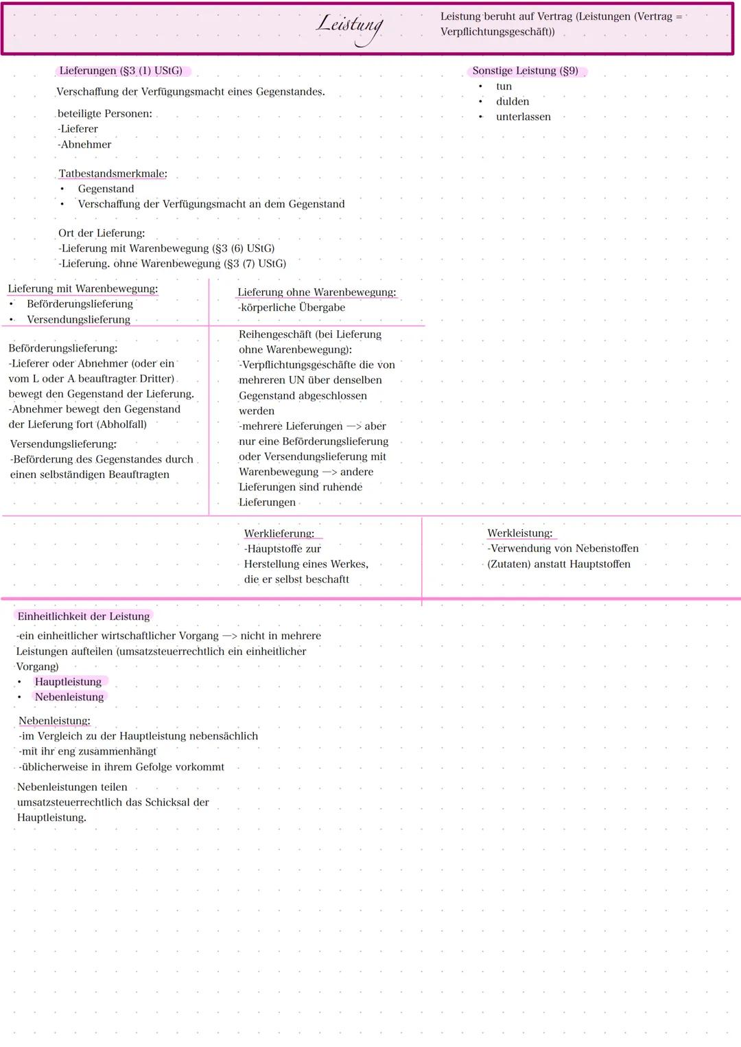 Lieferungen (§3 (1) UStG)
Verschaffung der Verfügungsmacht eines Gegenstandes.
beteiligte Personen:
-Lieferer
-Abnehmer
Tatbestandsmerkmale: