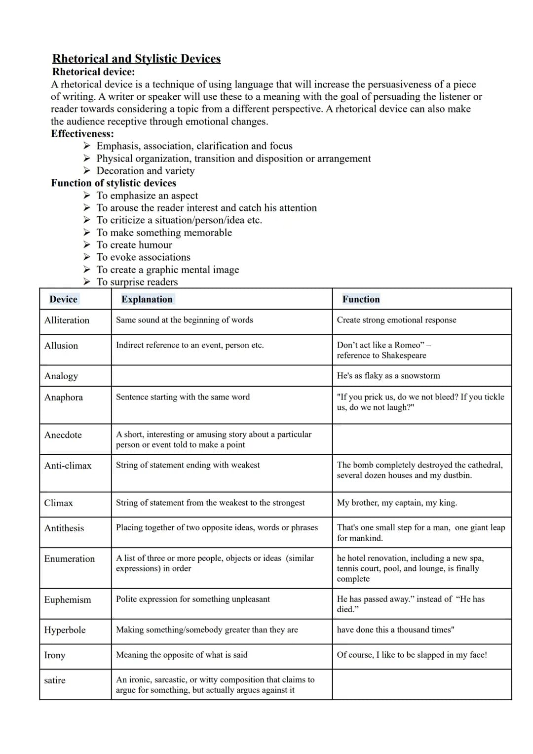 Rhetorical and Stylistic Devices
Rhetorical device:
A rhetorical device is a technique of using language that will increase the persuasivene