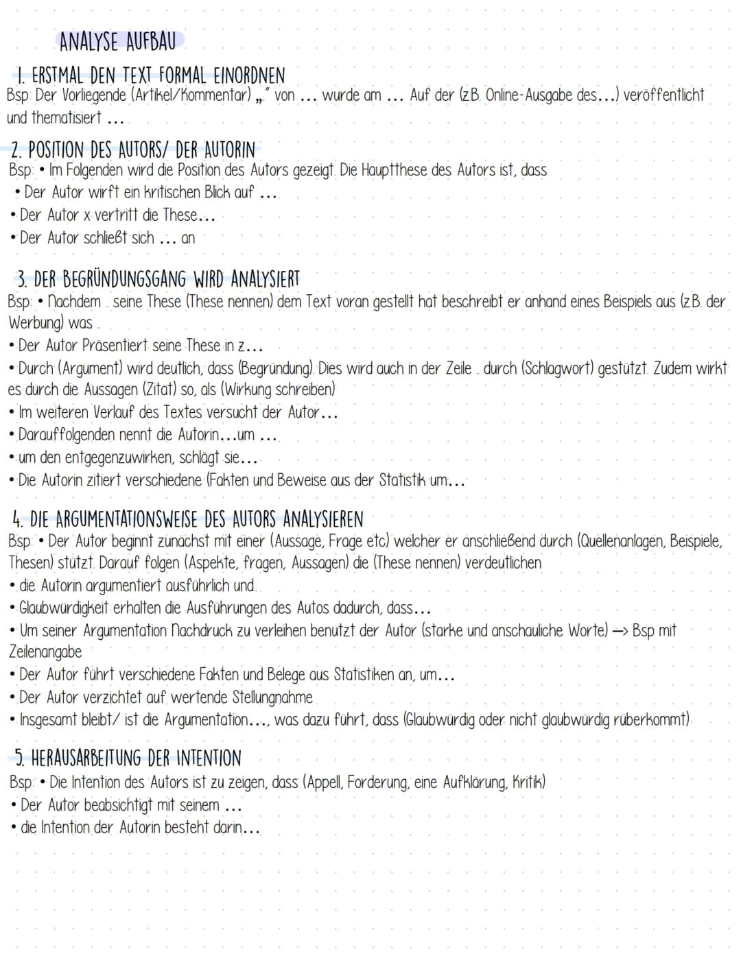 ANALYSE AUFBAU
1. ERSTMAL DEN TEXT FORMAL EINORDNEN
Bsp: Der Vorliegende (Artikel/Kommentar),," von ... wurde am ... Auf der (zB. Online-Aus