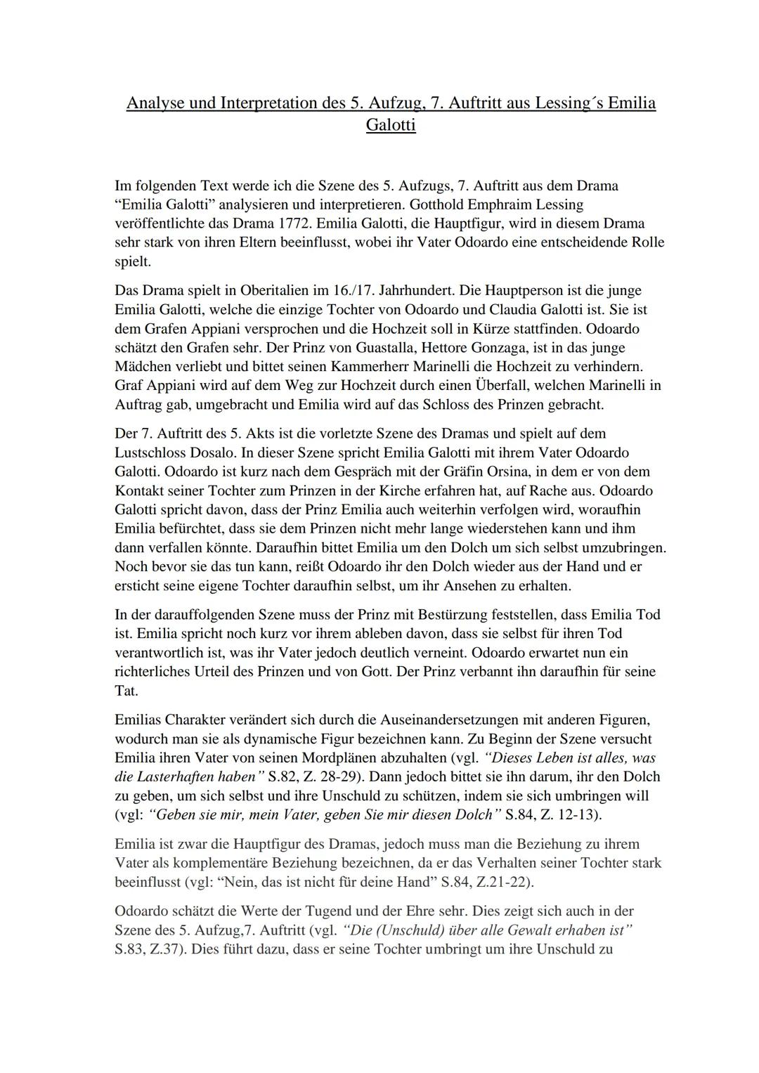 Analyse und Interpretation des 5. Aufzug, 7. Auftritt aus Lessing´s Emilia
Galotti
Im folgenden Text werde ich die Szene des 5. Aufzugs, 7. 