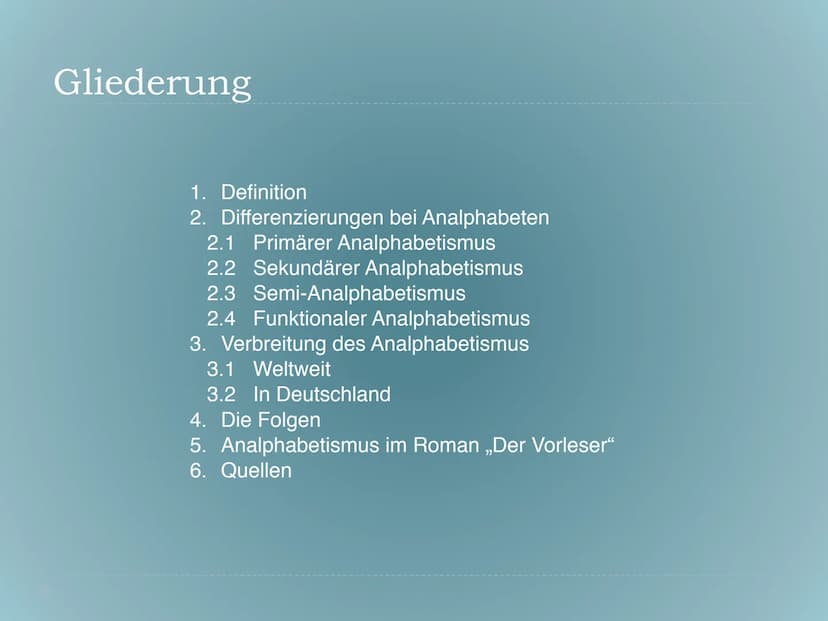 Gliederung
1. Definition
2. Differenzierungen bei Analphabeten
2.1. Primärer Analphabetismus
2.2. Sekundärer Analphabetismus
2.3. Semi-Analp