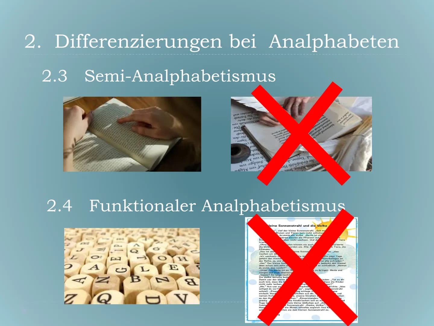 Gliederung
1. Definition
2. Differenzierungen bei Analphabeten
2.1. Primärer Analphabetismus
2.2. Sekundärer Analphabetismus
2.3. Semi-Analp