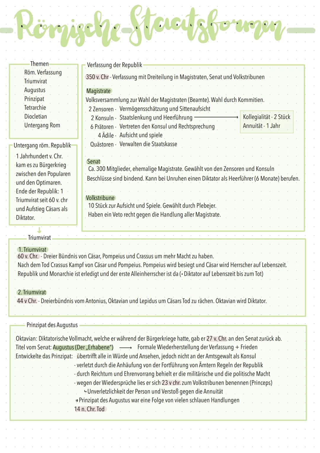 -Römische Staatsformen.
Themen
Röm. Verfassung
Triumvirat
Augustus
Prinzipat
Tetrarchie
Diocletian
Untergang Rom
Untergang röm. Republik
1 J