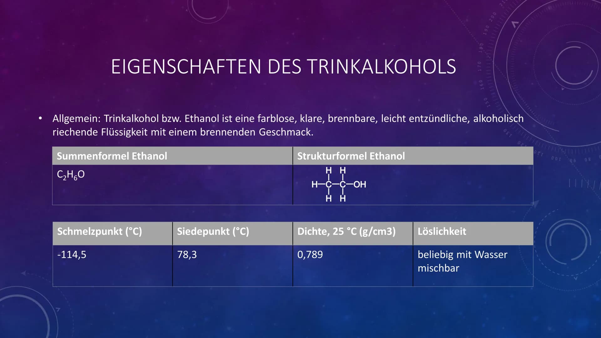 
<p>Ethanols chemische Formel lautet C2H5OH. Die Dichte von Ethanol beträgt 0,789 g/ml. Ethanol ist ein Alkohol und wird häufig in Getränken