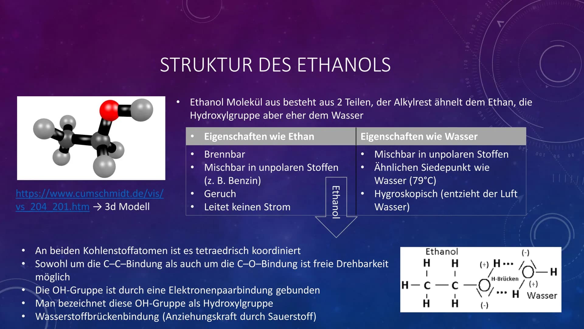 
<p>Ethanols chemische Formel lautet C2H5OH. Die Dichte von Ethanol beträgt 0,789 g/ml. Ethanol ist ein Alkohol und wird häufig in Getränken