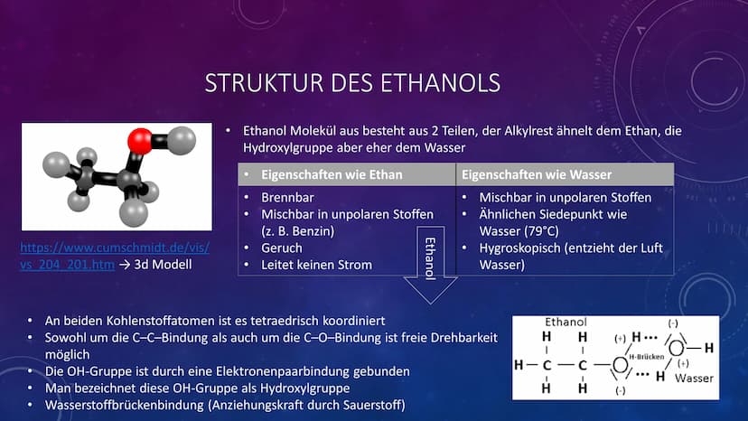 
<p>Ethanols chemische Formel lautet C2H5OH. Die Dichte von Ethanol beträgt 0,789 g/ml. Ethanol ist ein Alkohol und wird häufig in Getränken