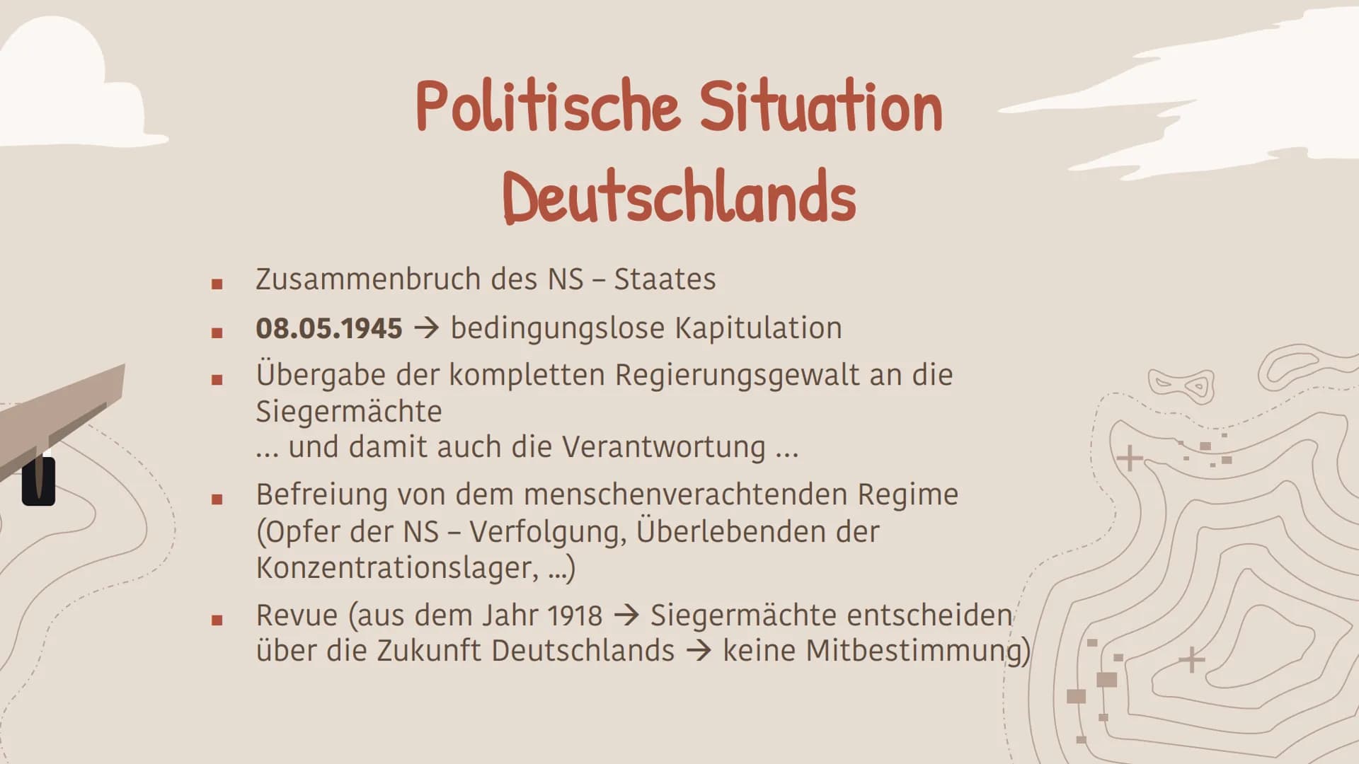 WALE
Hladkaliny
Zerstörung Neuanfang Verantwortung Nachkriegszeit
&
Potsdamer Abkommen GLIEDERUNG
1. Situation der Deutschen nach Kriegsende