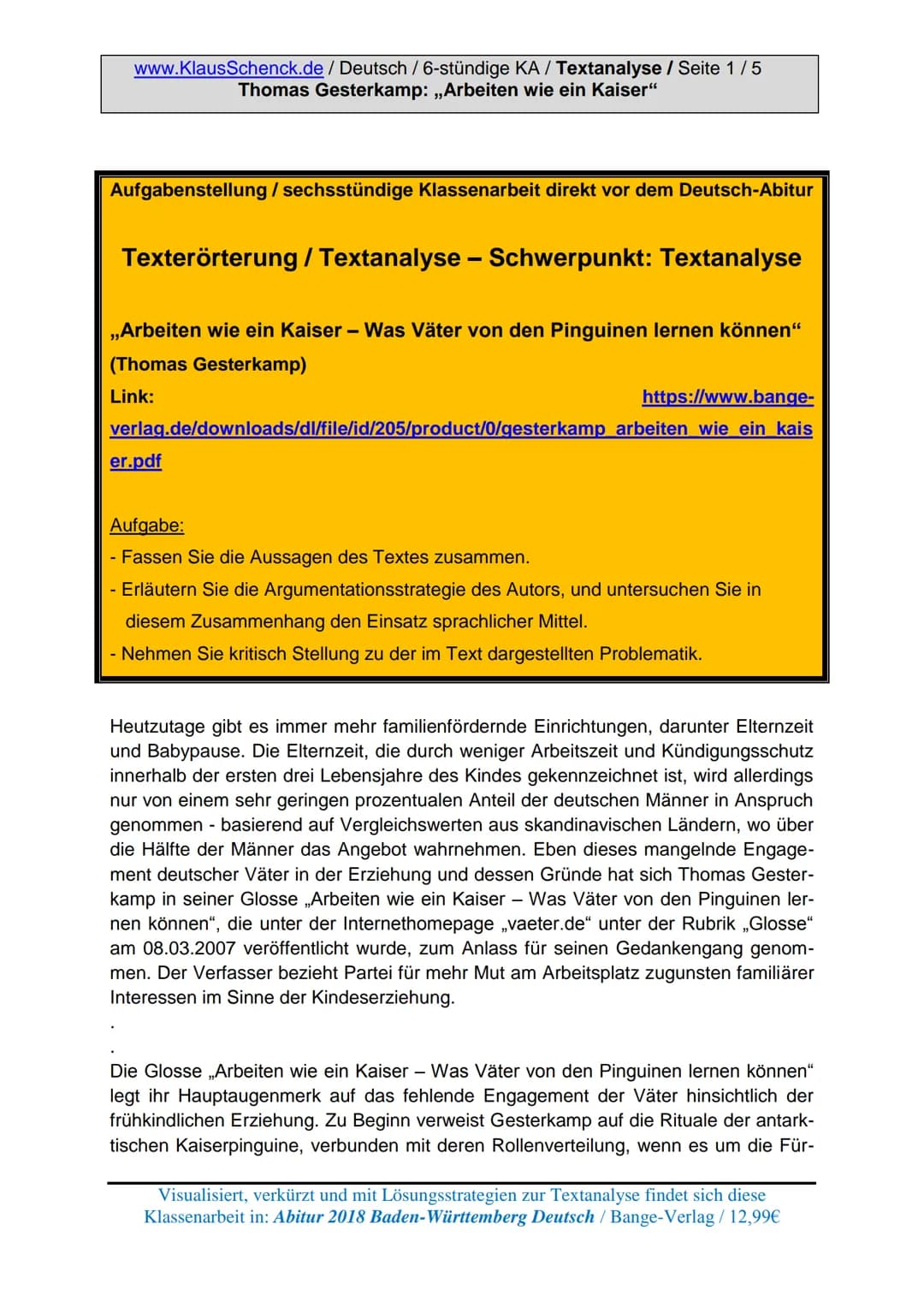 www.KlausSchenck.de/ 6-stündige KA / Schenck / Deutsch /
KA-Lösung: Textanalyse / ,,Ich bin ein Krisenkind" / Seite 1 von 4
Aufgabenstellung