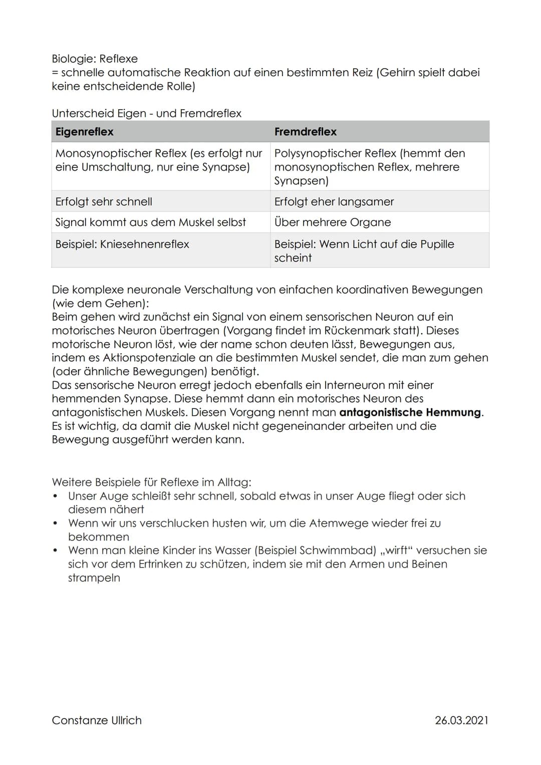 Biologie: Reflexe
= schnelle automatische Reaktion auf einen bestimmten Reiz (Gehirn spielt dabei
keine entscheidende Rolle)
Unterscheid Eig