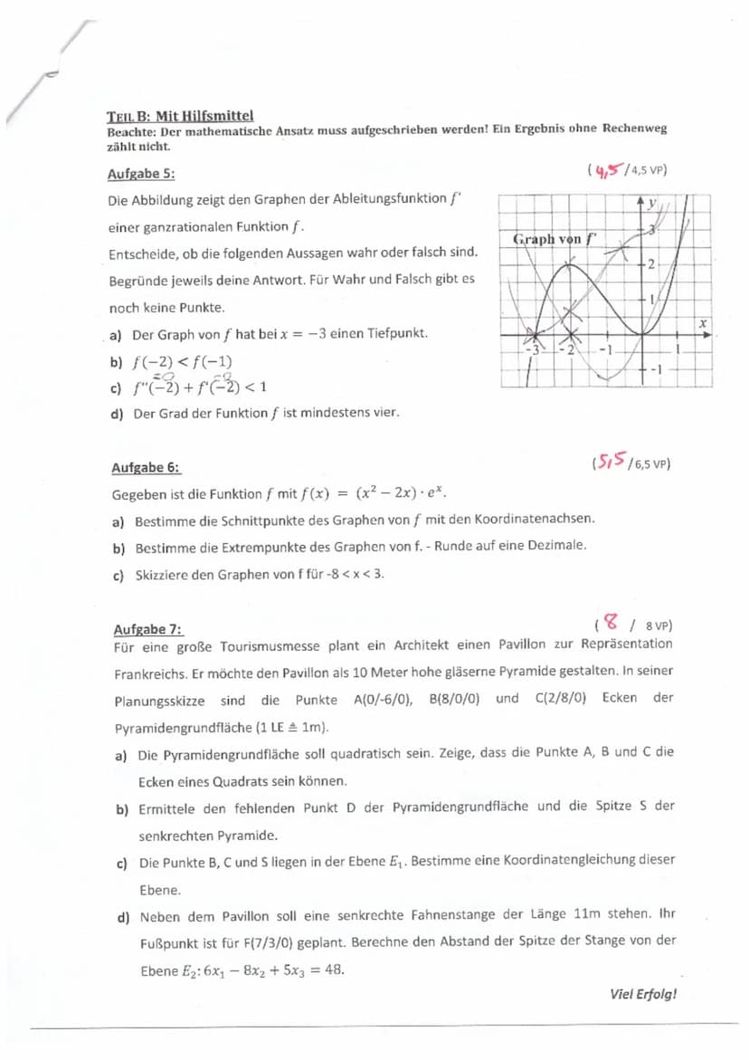TEIL A: Ohne Hilfsmittel
Aufgabe 1:
Bilde die erste Ableitung der Funktion f.
a) f(x) = 2x³ - 6x² +/=//
b) f(x)= x³ (-2x + 1)¹
Aufgabe 2:
Lö