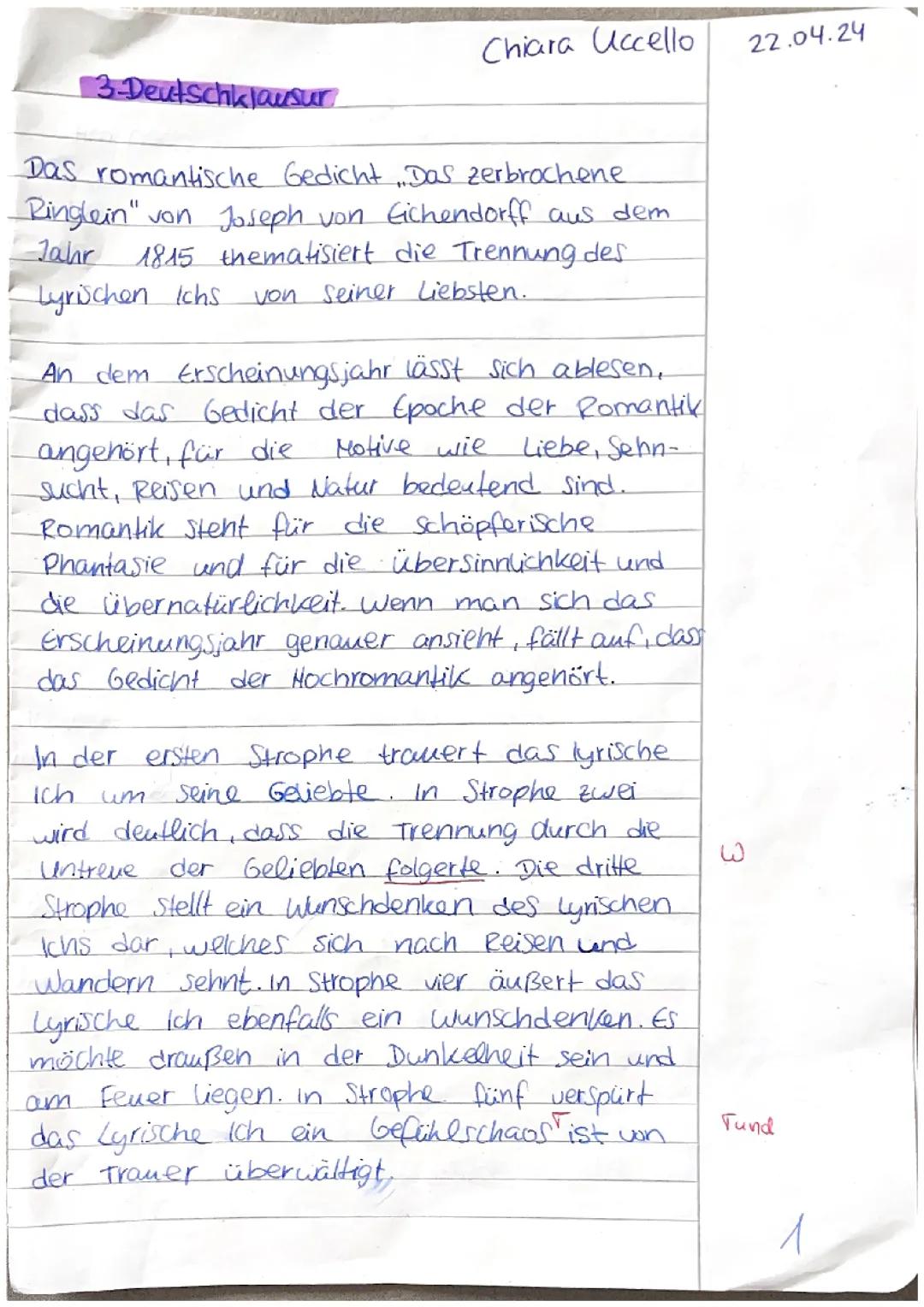 Deutschklausur - Thema: Gedichte (Note 2/ 11 Punkte)
