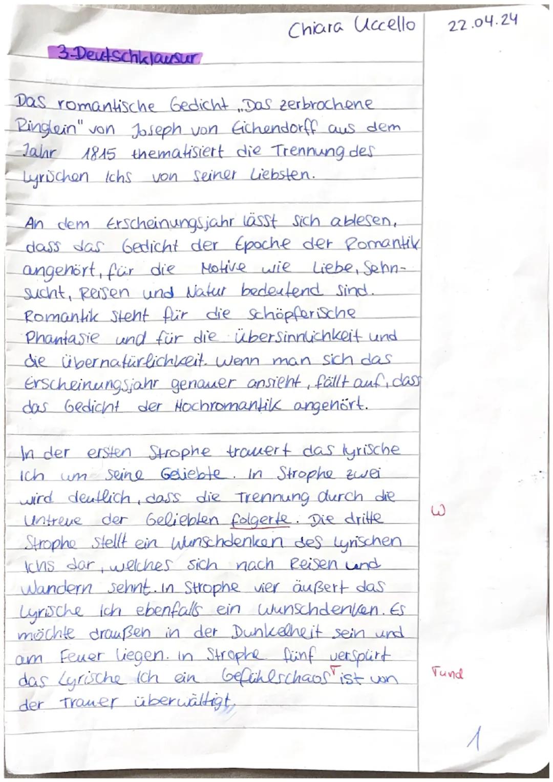 Chiara Uccello
22.04.24
3-Deutschklausur.
Das romantische Gedicht „Das zerbrochene
་་
Ringlein" von Joseph von Eichendorff aus dem
1815 them