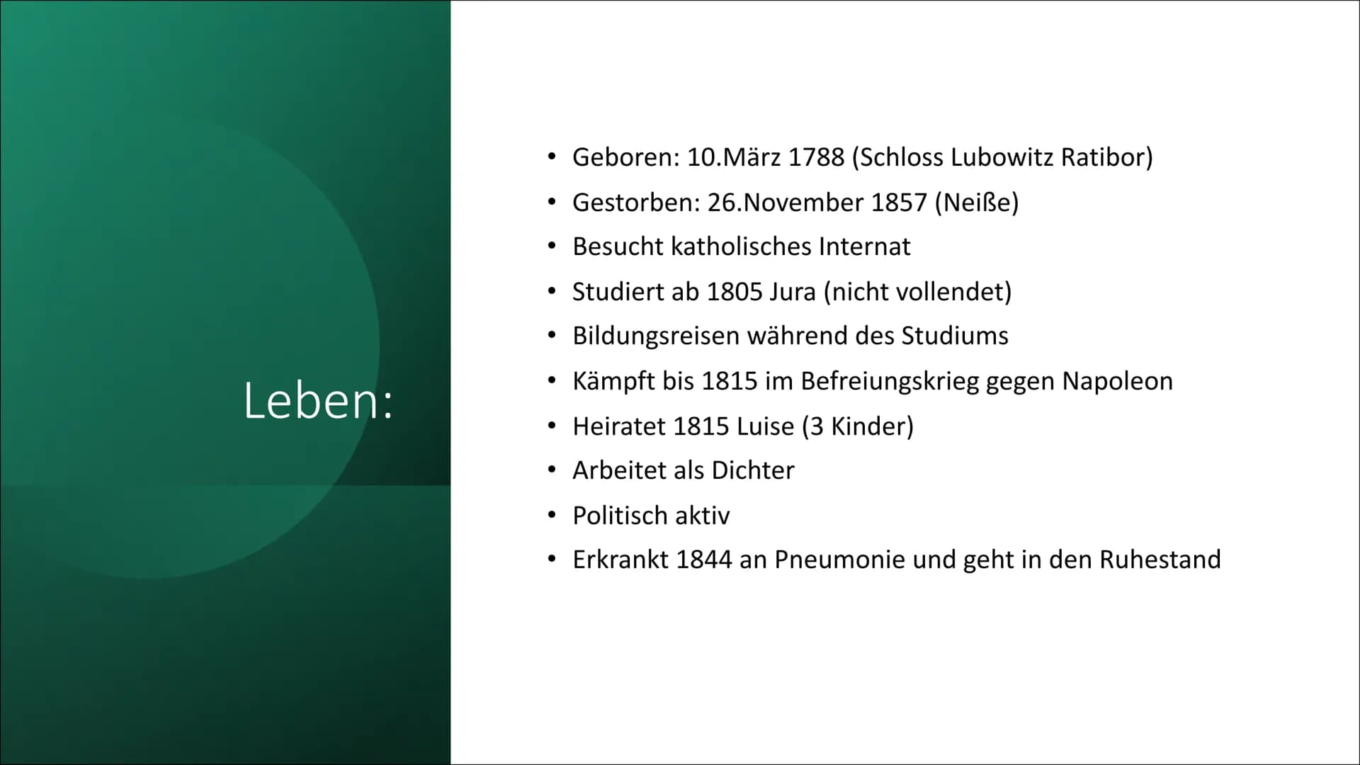 Aus dem Leben eines Taugenichts
Von: Joseph Karl Benedikt Freiherr von Eichendorff
Biographie:
1788-1857
Stammt aus Adelsfamilie
Studiert ab
