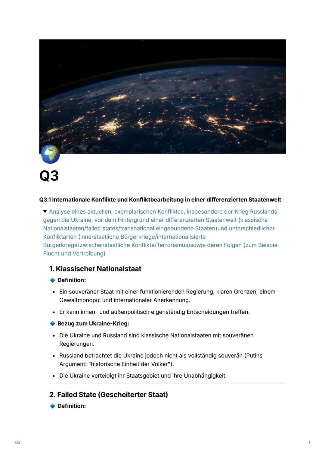 Q3
Q3.1 Internationale Konflikte und Konfliktbearbeitung in einer differenzierten Staatenwelt
▼Analyse eines aktuellen, exemplarischen Konfl