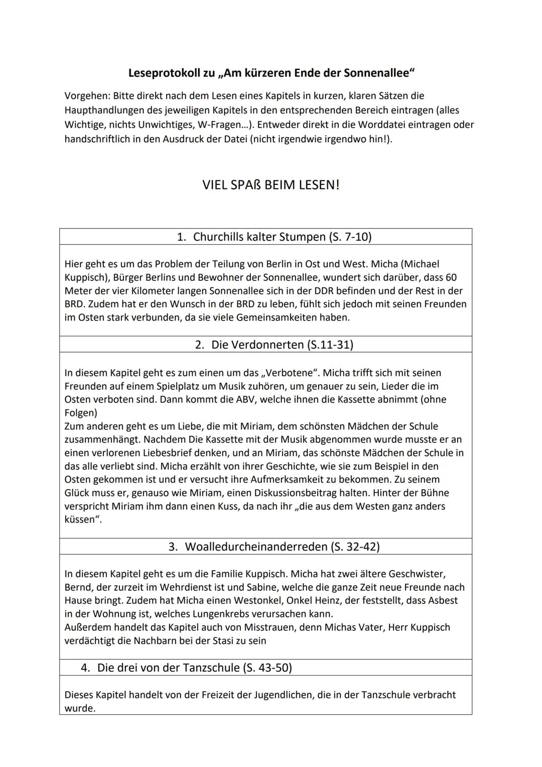 Leseprotokoll zu ,,Am kürzeren Ende der Sonnenallee"
Vorgehen: Bitte direkt nach dem Lesen eines Kapitels in kurzen, klaren Sätzen die
Haupt