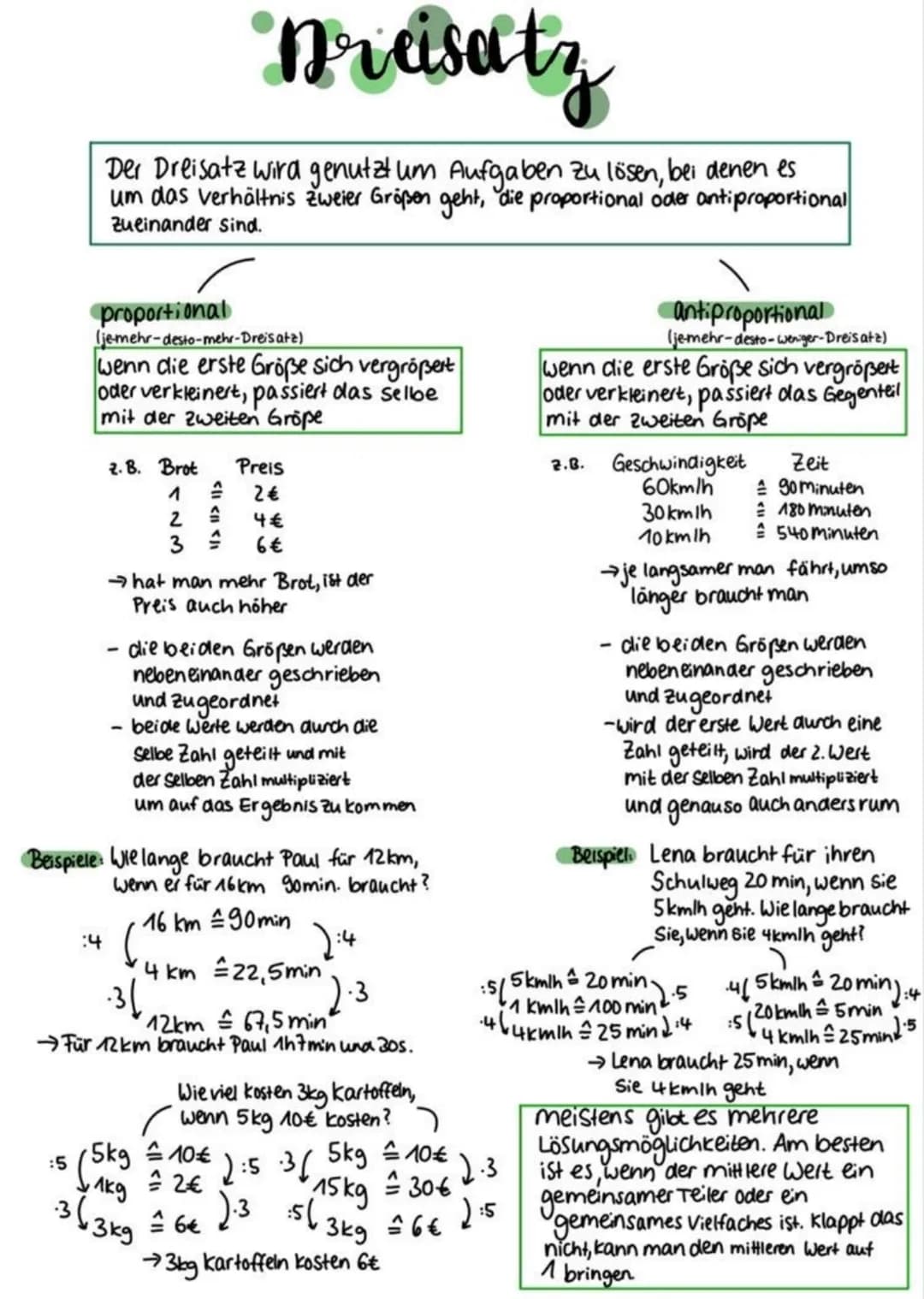 
<p>Der Dreisatz wird genutzt, um Aufgaben zu lösen, bei denen es um das Verhältnis zweier Größen geht, die proportional oder antiproportion
