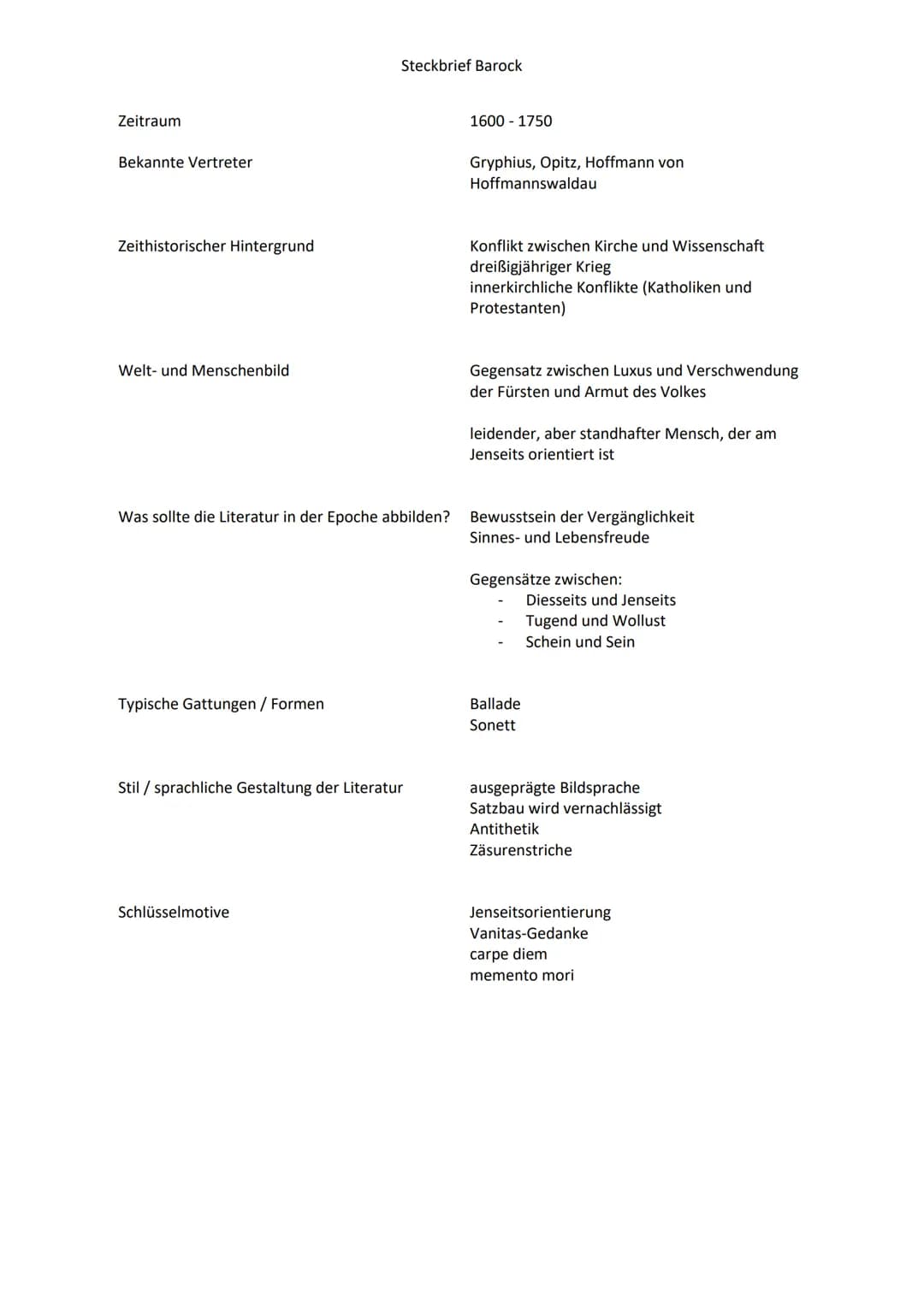 Zeitraum
Bekannte Vertreter
Zeithistorischer Hintergrund
Welt- und Menschenbild
Was sollte die Literatur in der Epoche abbilden?
Typische Ga