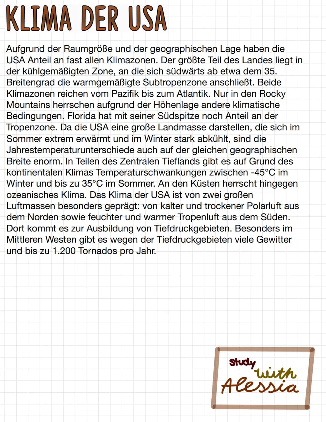 KLIMA DER USA
Aufgrund der Raumgröße und der geographischen Lage haben die
USA Anteil an fast allen Klimazonen. Der größte Teil des Landes l