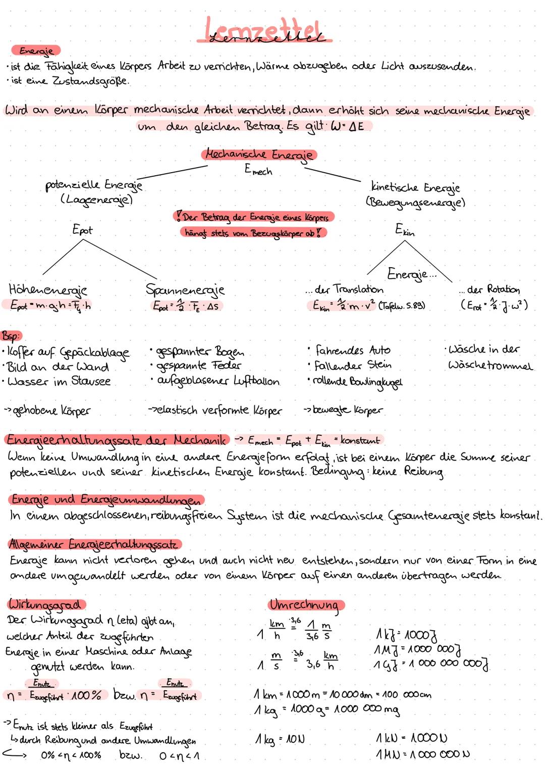 # Lemzettel

Energie

• ist die Fähigkeit eines Körpers Arbeit zu verrichten, Wärme abzugeben oder Licht auszusenden.

•ist eine Zustandsgrö