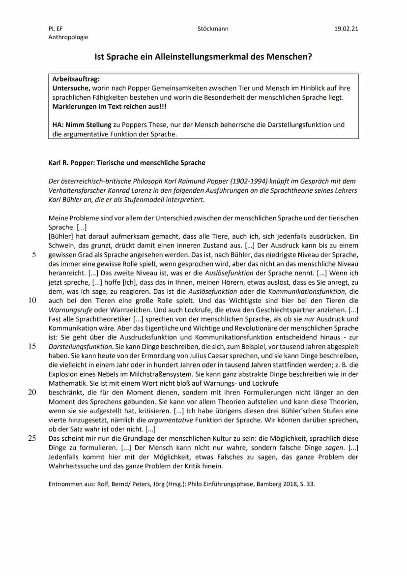 5
10
15
20
25
PL EF
Anthropologie
Stöckmann
Ist Sprache ein Alleinstellungsmerkmal des Menschen?
19.02.21
Arbeitsauftrag:
Untersuche, worin 