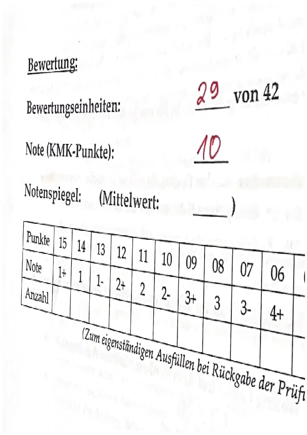 Bewertung:
29 von 42
Bewertungseinheiten:
Note (KMK-Punkte):
10
Notenspiegel: (Mittelwert:
Punkte 15 14 13 12 11 10 09 08 07 06 1
Note 1+1 1
