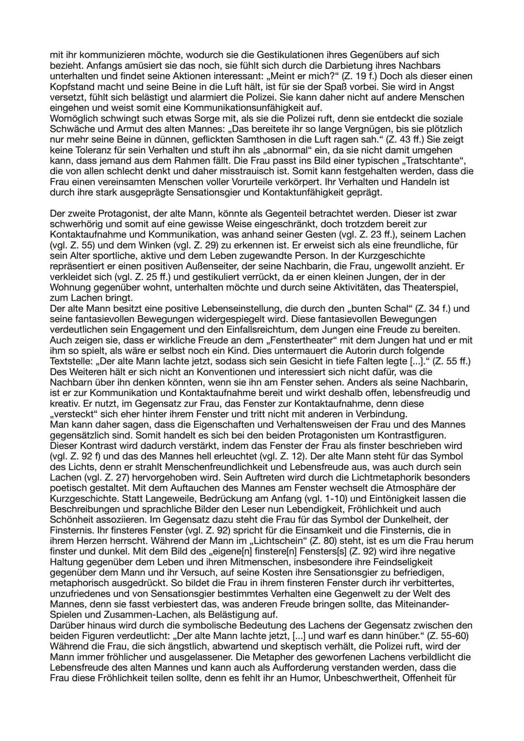 Textanalyse ,Das Fenstertheater"
Die Kurzgeschichte ,,Das Fenstertheater" von Ilse Aichinger, die im Jahr 1953 erschienen ist,
handelt von e