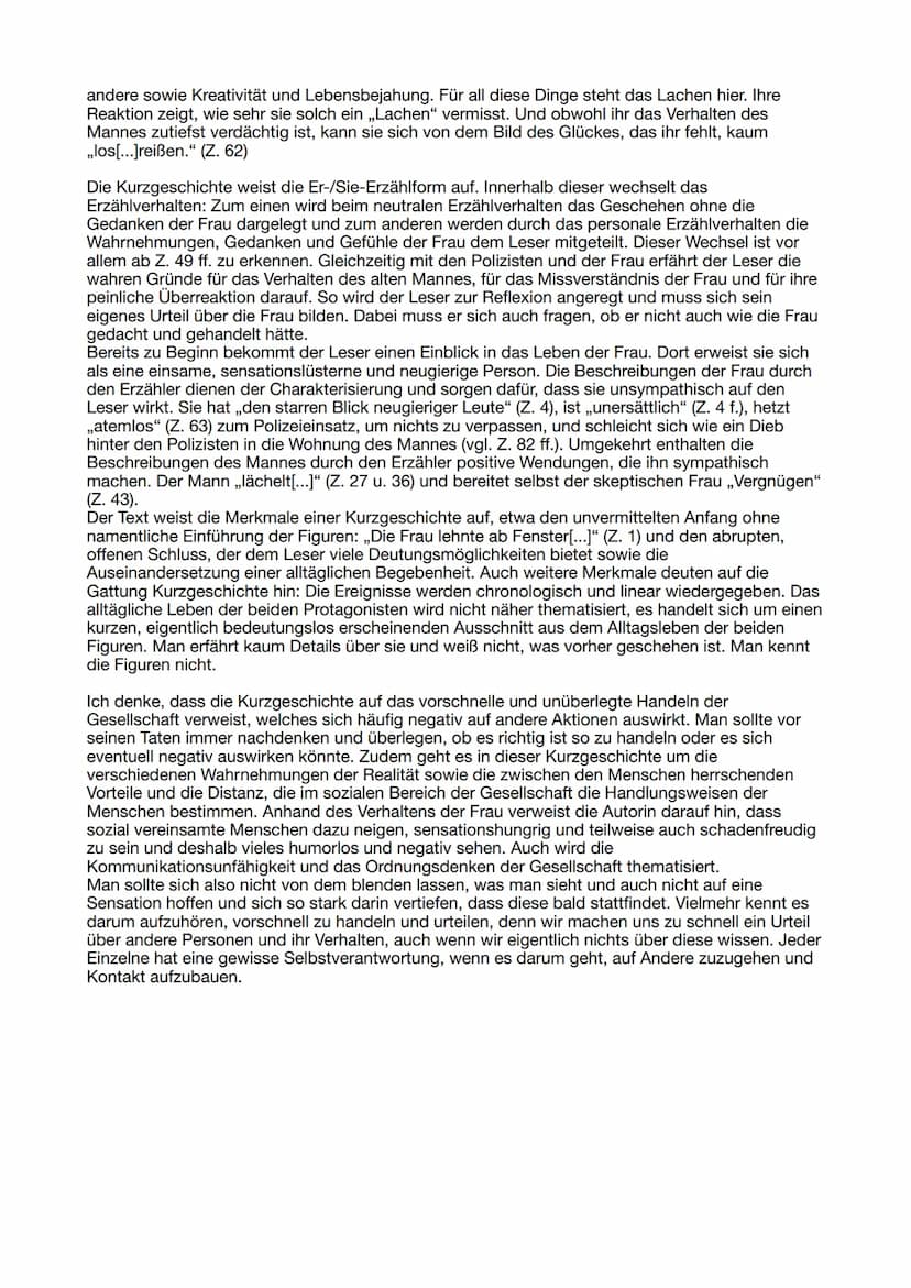 Textanalyse ,Das Fenstertheater"
Die Kurzgeschichte ,,Das Fenstertheater" von Ilse Aichinger, die im Jahr 1953 erschienen ist,
handelt von e