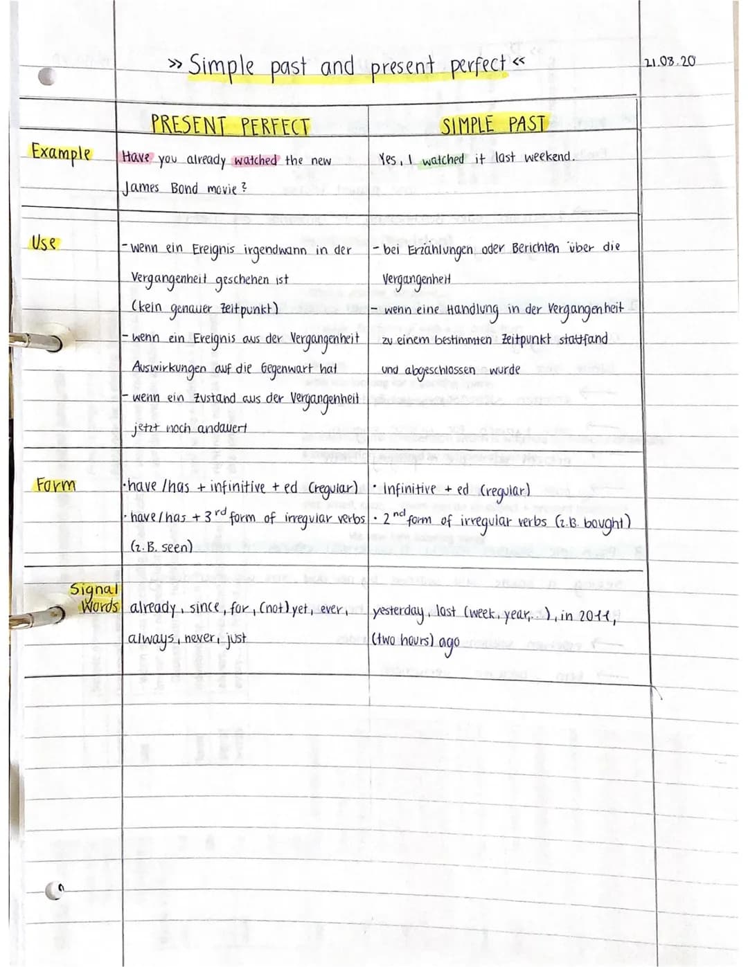 PRESENT PERFECT
Example Have you already watched the new
James Bond movie?
Use
Simple past and present perfect «
Form
- wenn ein Ereignis ir