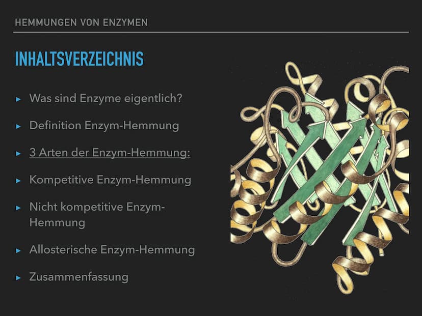 HEMMUNGEN VON ENZYMEN HEMMUNGEN VON ENZYMEN
INHALTSVERZEICHNIS
▸ Was sind Enzyme eigentlich?
▸ Definition Enzym-Hemmung
►
3 Arten der Enzym-