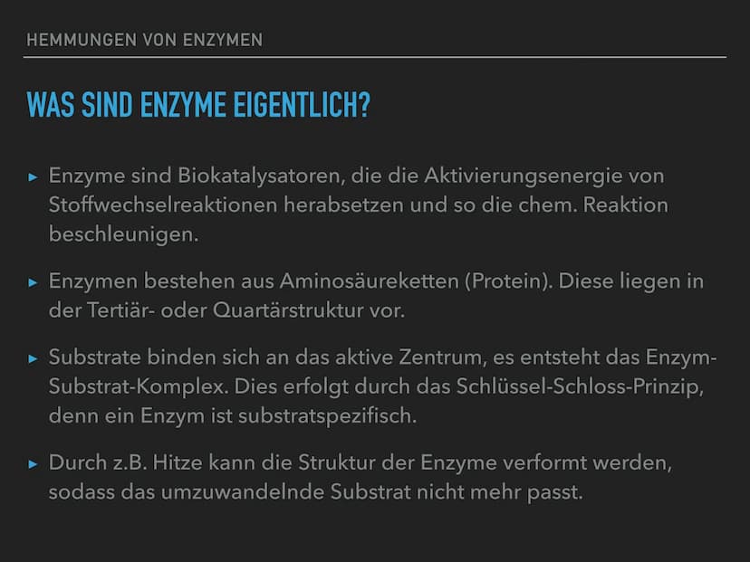 HEMMUNGEN VON ENZYMEN HEMMUNGEN VON ENZYMEN
INHALTSVERZEICHNIS
▸ Was sind Enzyme eigentlich?
▸ Definition Enzym-Hemmung
►
3 Arten der Enzym-