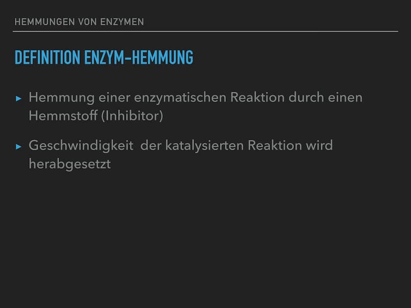 HEMMUNGEN VON ENZYMEN HEMMUNGEN VON ENZYMEN
INHALTSVERZEICHNIS
▸ Was sind Enzyme eigentlich?
▸ Definition Enzym-Hemmung
►
3 Arten der Enzym-