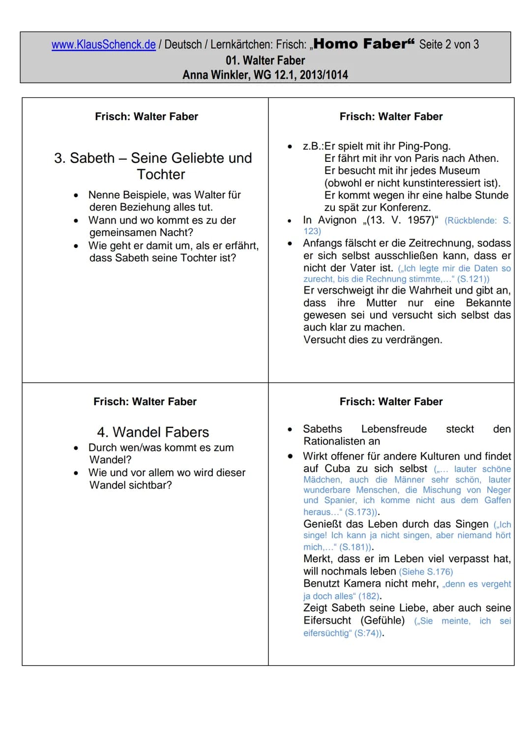 www.KlausSchenck.de/ Deutsch / Lernkärtchen: Frisch: „Homo Faber" Seite 1 von 3
01. Walter Faber
Anna Winkler, WG 12.1, 2013/1014
Lernkärtch