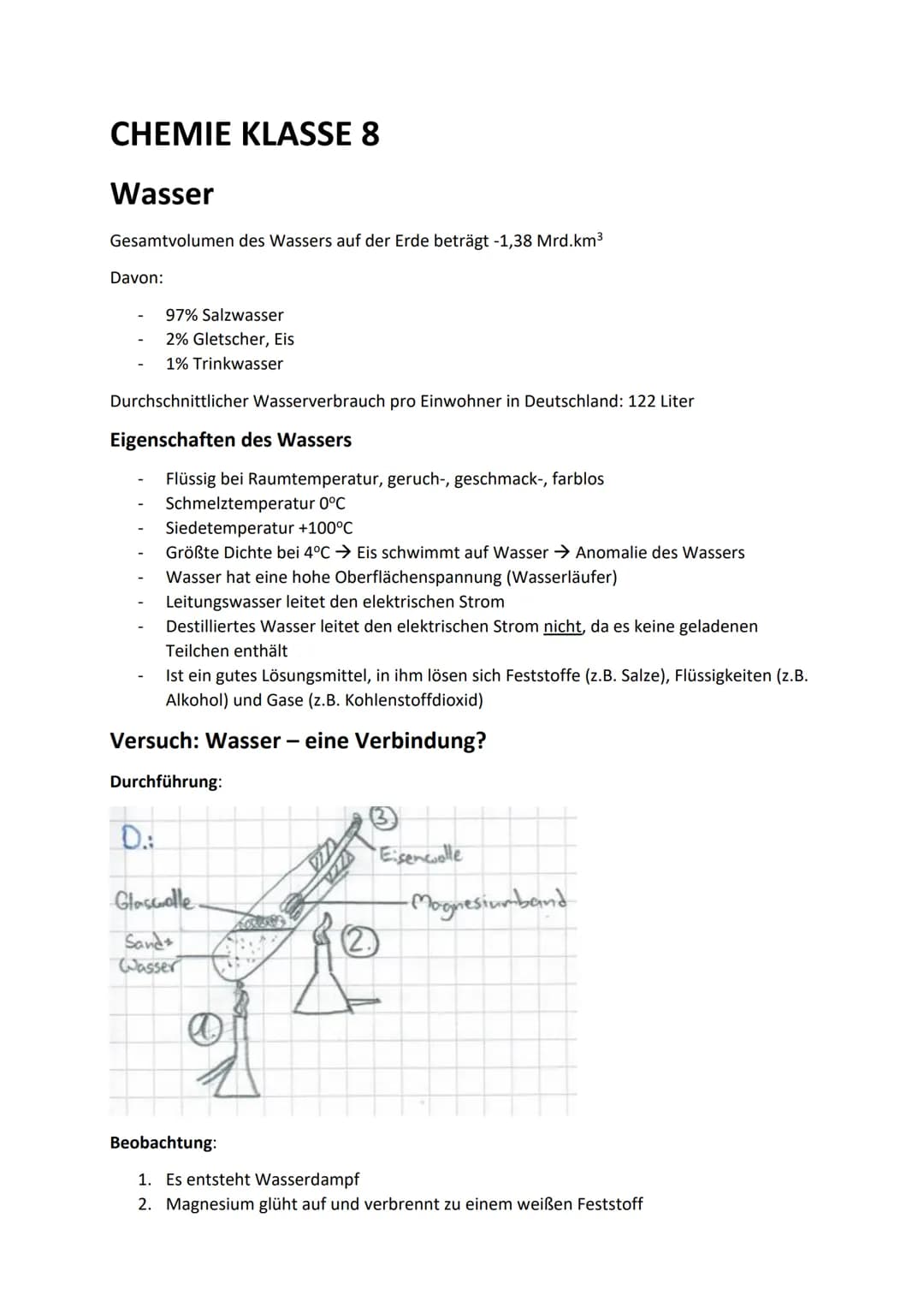 CHEMIE KLASSE 8
Wasser
Gesamtvolumen des Wassers auf der Erde beträgt -1,38 Mrd.km³
Davon:
Durchschnittlicher Wasserverbrauch pro Einwohner 