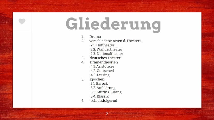 Denise Berger
Lk Deutsch
Fr. Steppat
Gliederung:
1. Drama
2. verschiedene Arten d. Theaters
Das Theater - die kulturelle Entwicklung zur Ein